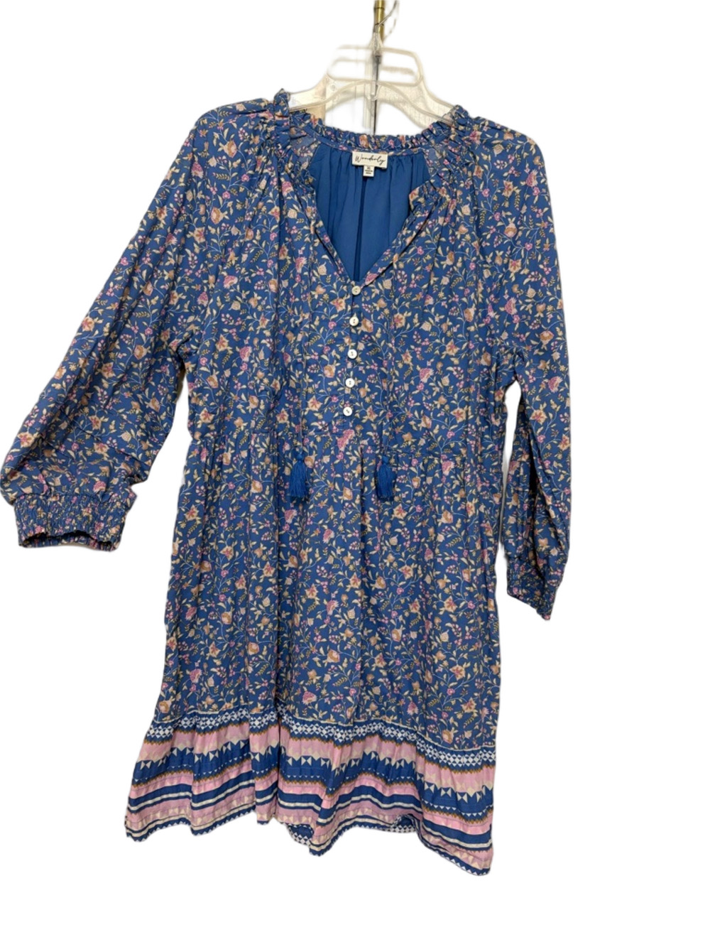 Wonderly Blue Floral Long Sleeve with Buttons and Tie 100% Cotton Dress